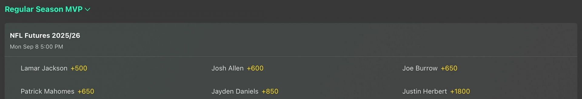 NFL MVP Odds - Bet365
